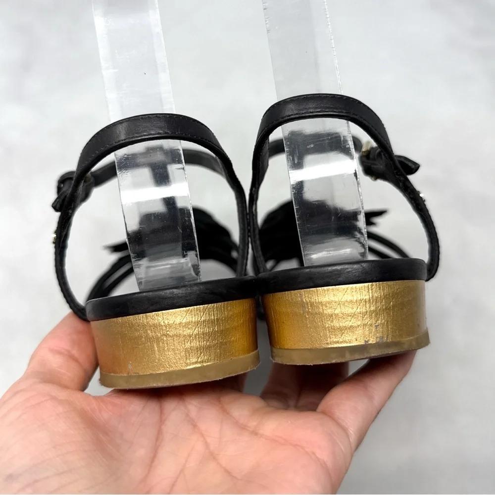 CHANEL Vintage Y2K Camellia Flower Leather Strappy Block Heel Sandal Shoes Black